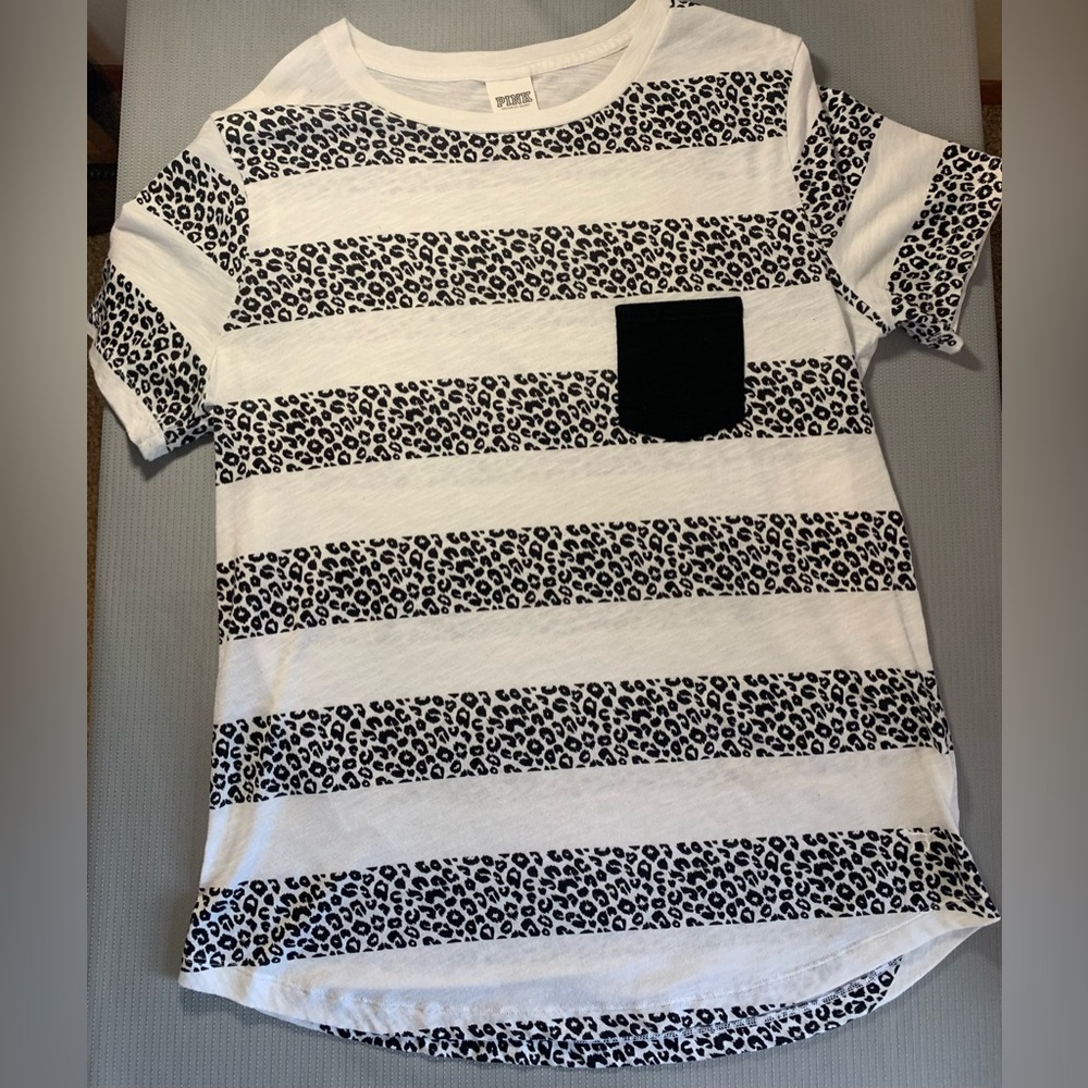 PINK Victoria's Secret Black and White Leopard Stripe Tee